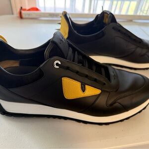 Fendi Monster Eye Bag Bugs Sneakers Black Yellow Leather Mens Size 10 Authentic